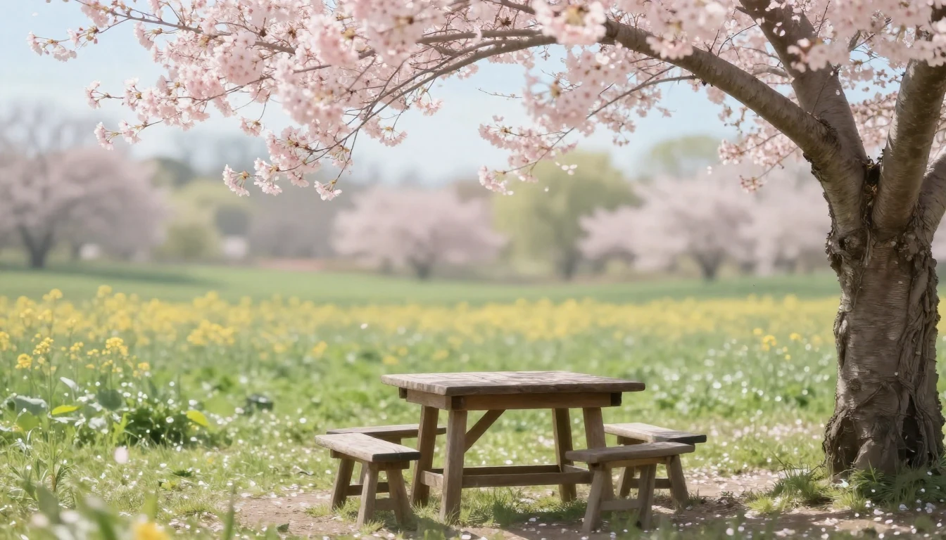 A serene outdoor setting during spring, featuring a rustic w...