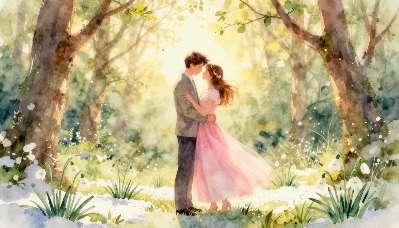 A beautiful and romantic watercolor painting depicting a cou...