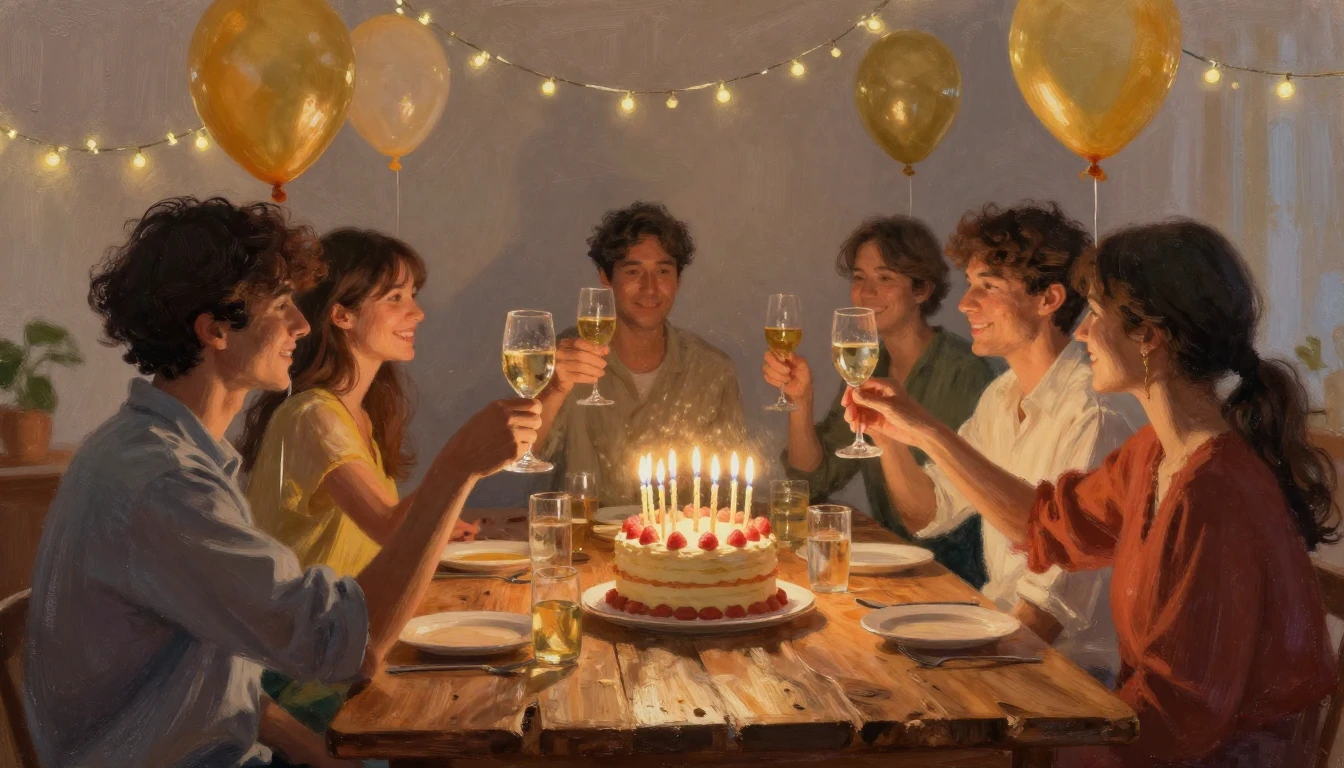A heartwarming and festive birthday scene. A beautifully dec...