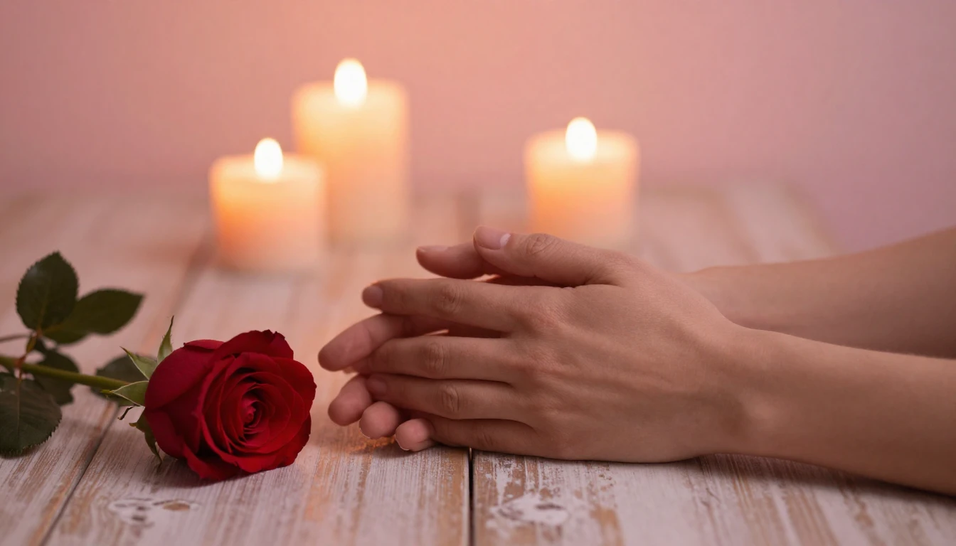 A romantic and intimate scene featuring two hands gently hol...