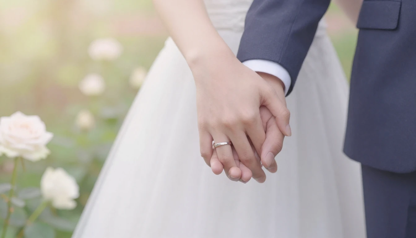 A close-up, romantic artistic composition of a bride and gro...