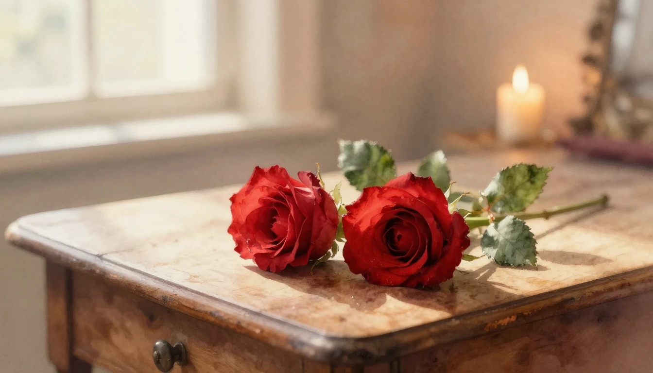 A delicate watercolor painting of two intertwined red roses ...
