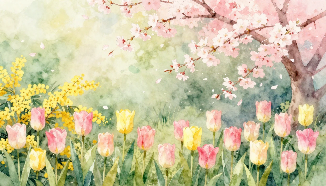 A beautiful watercolor painting of a lush spring garden fill...