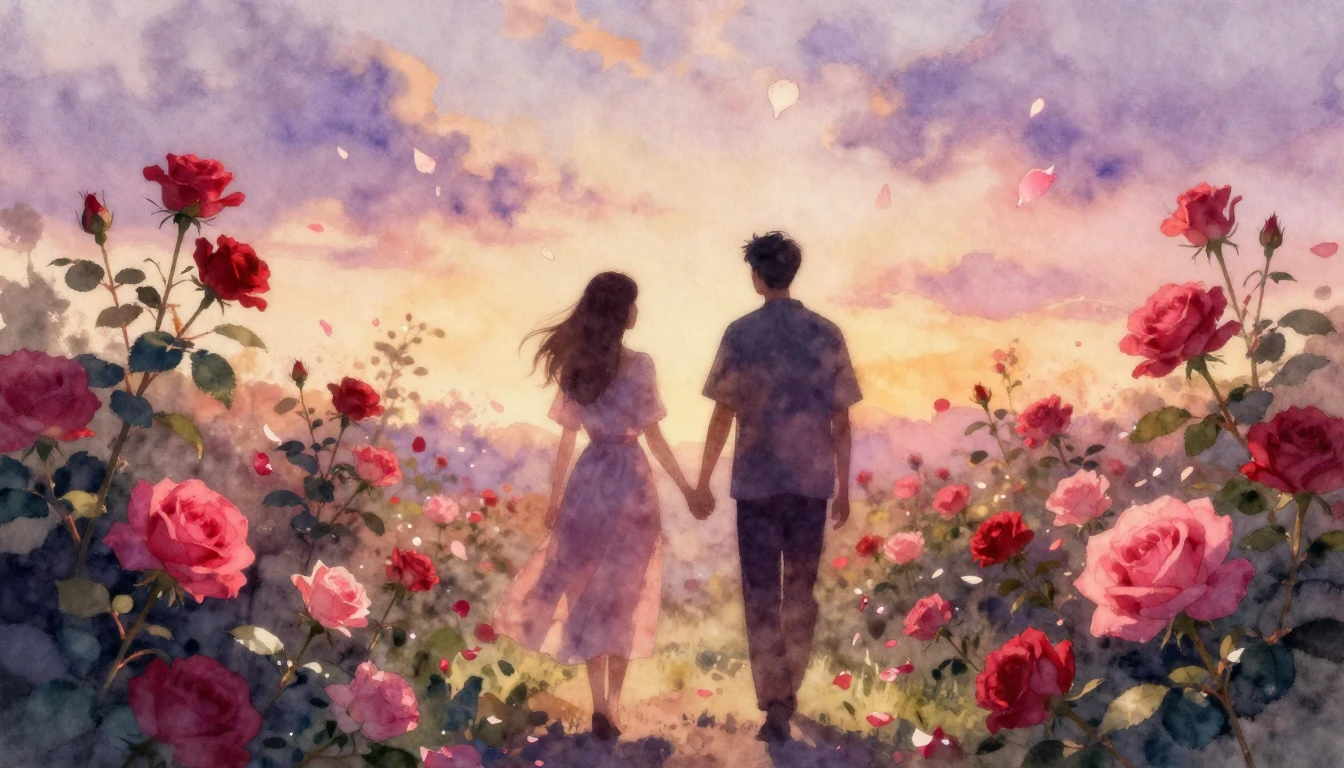 A delicate watercolor painting of two silhouettes walking th...