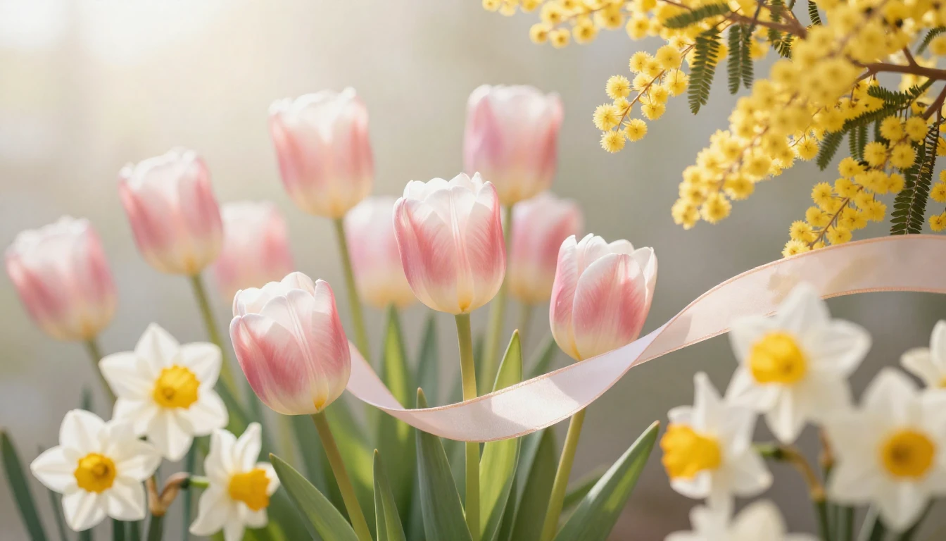 A beautiful spring composition with blooming tulips, daffodi...