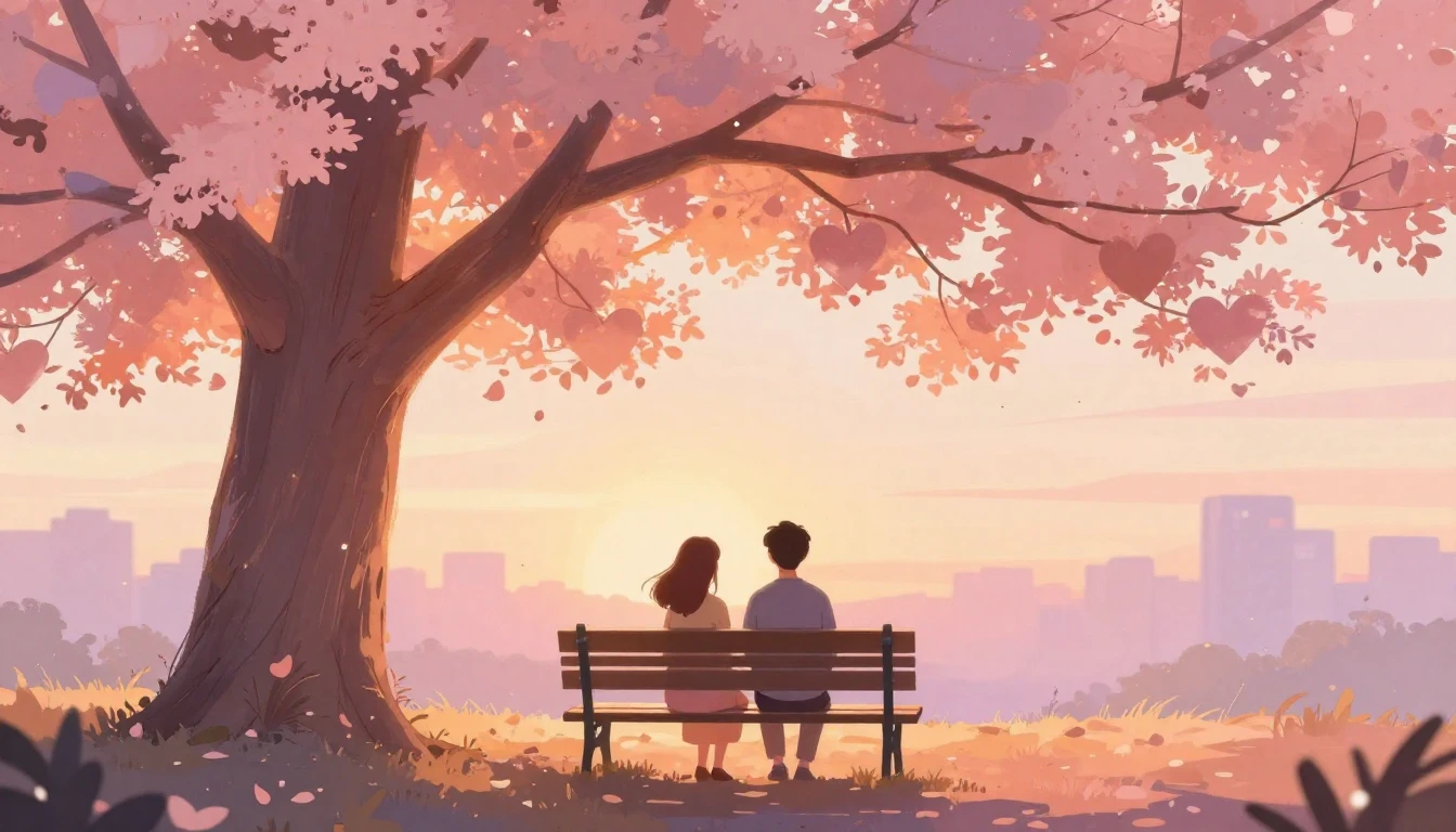 A romantic and soft illustration of a couple sitting on a pa...