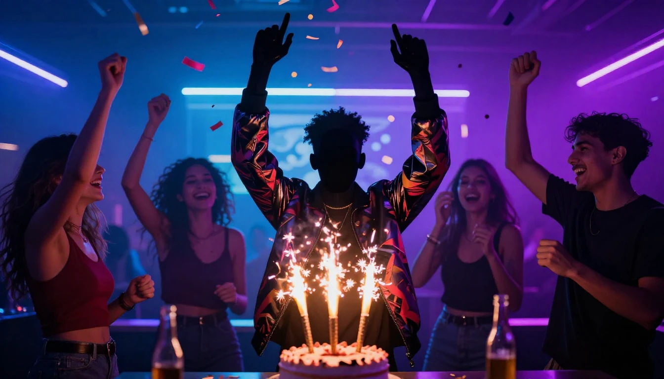 A vibrant and modern party scene featuring a silhouette of a...