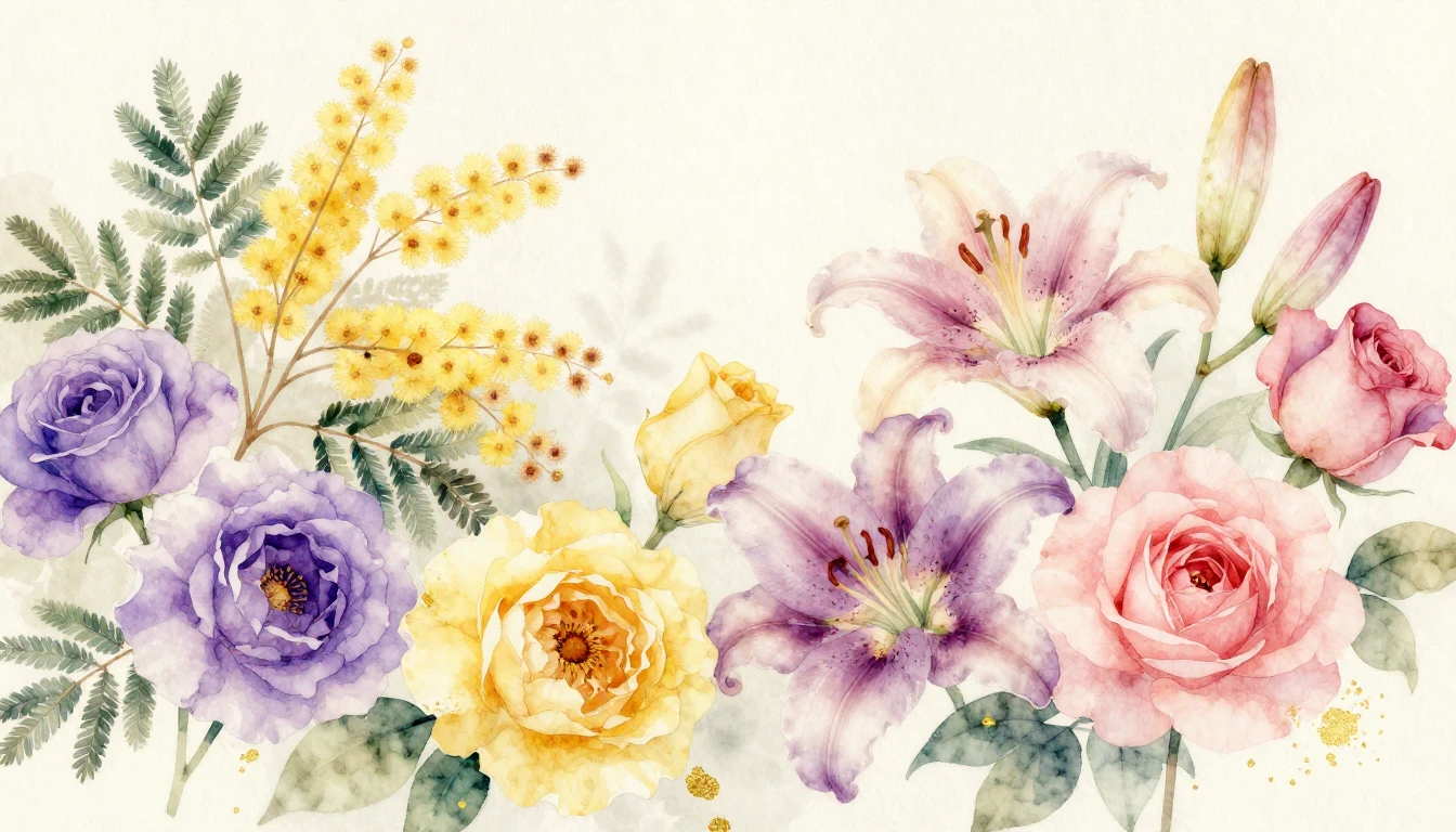 A beautiful watercolor painting featuring a variety of bloom...
