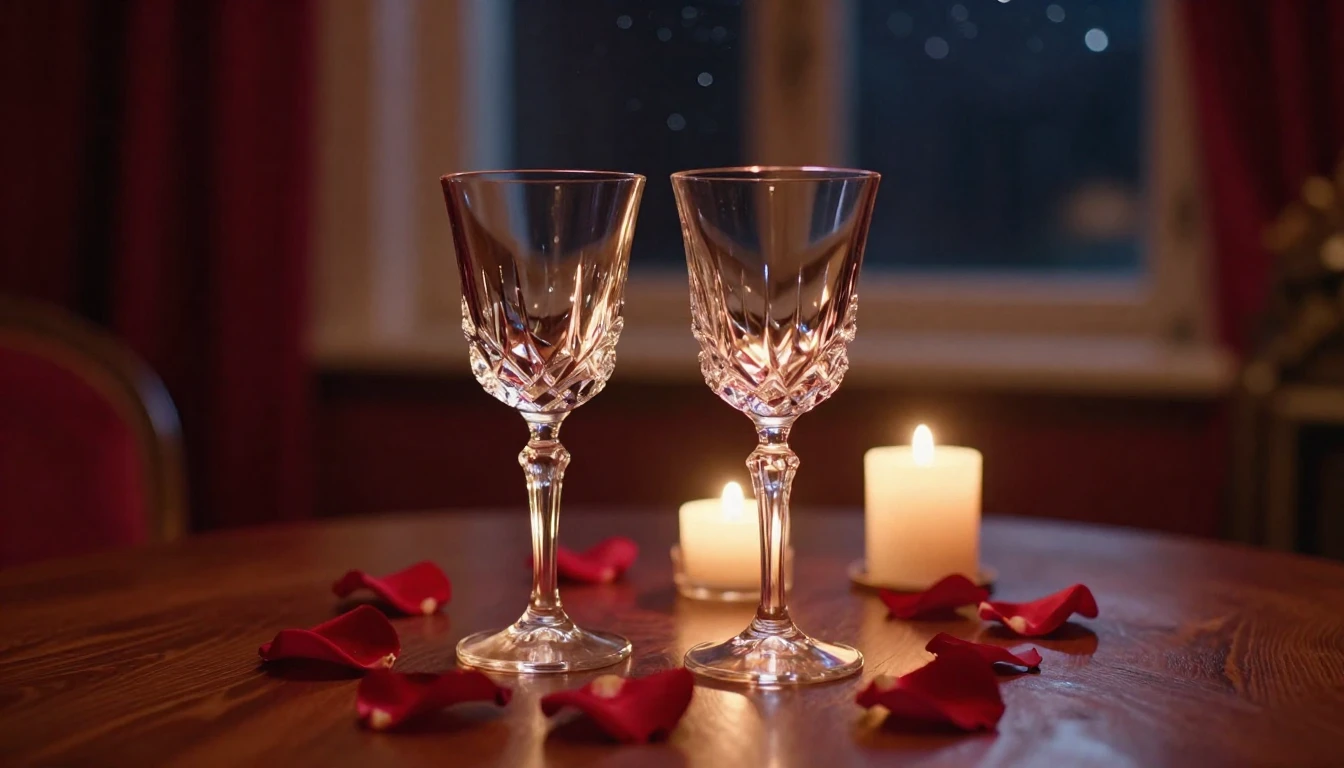 A close-up cinematic shot of two elegant crystal glasses on ...