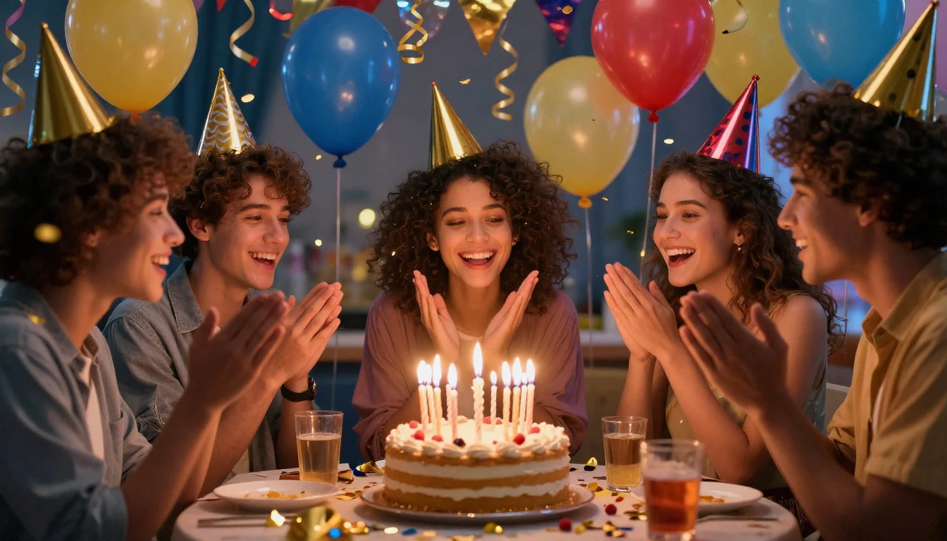 A vibrant and festive birthday celebration scene focusing on...