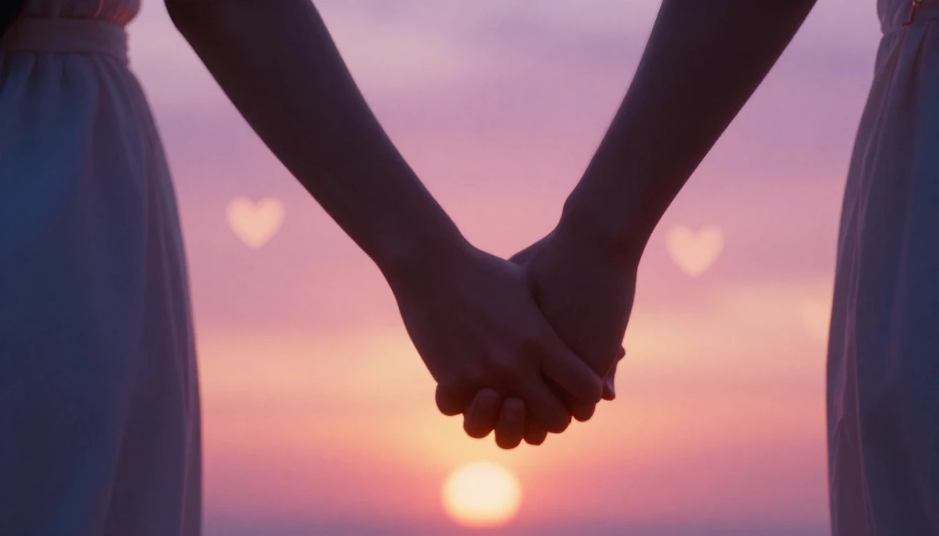 A cinematic close-up shot of a couple holding hands against ...