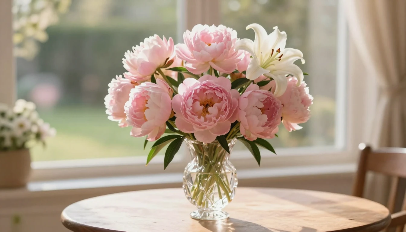 A beautiful and serene scene featuring a lush bouquet of sof...