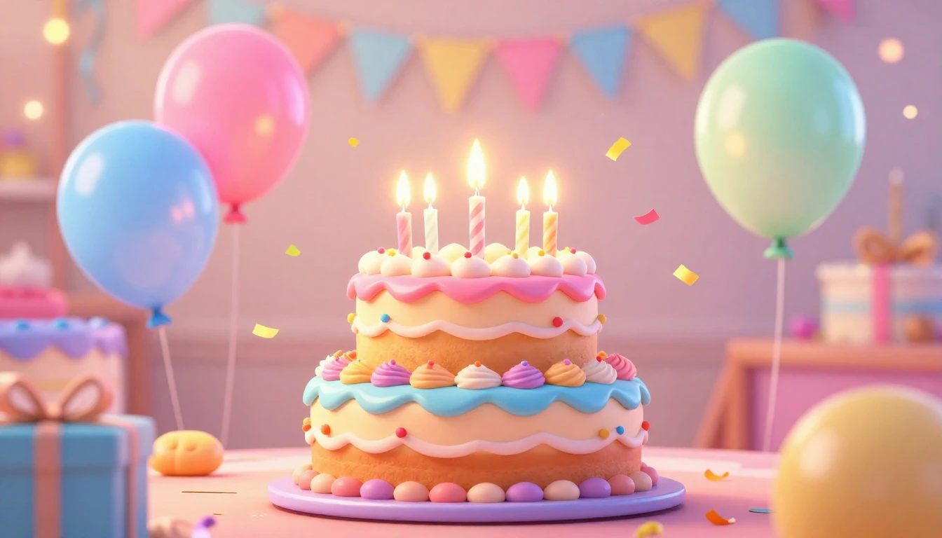 A vibrant and joyful birthday celebration scene in a cute 3D...