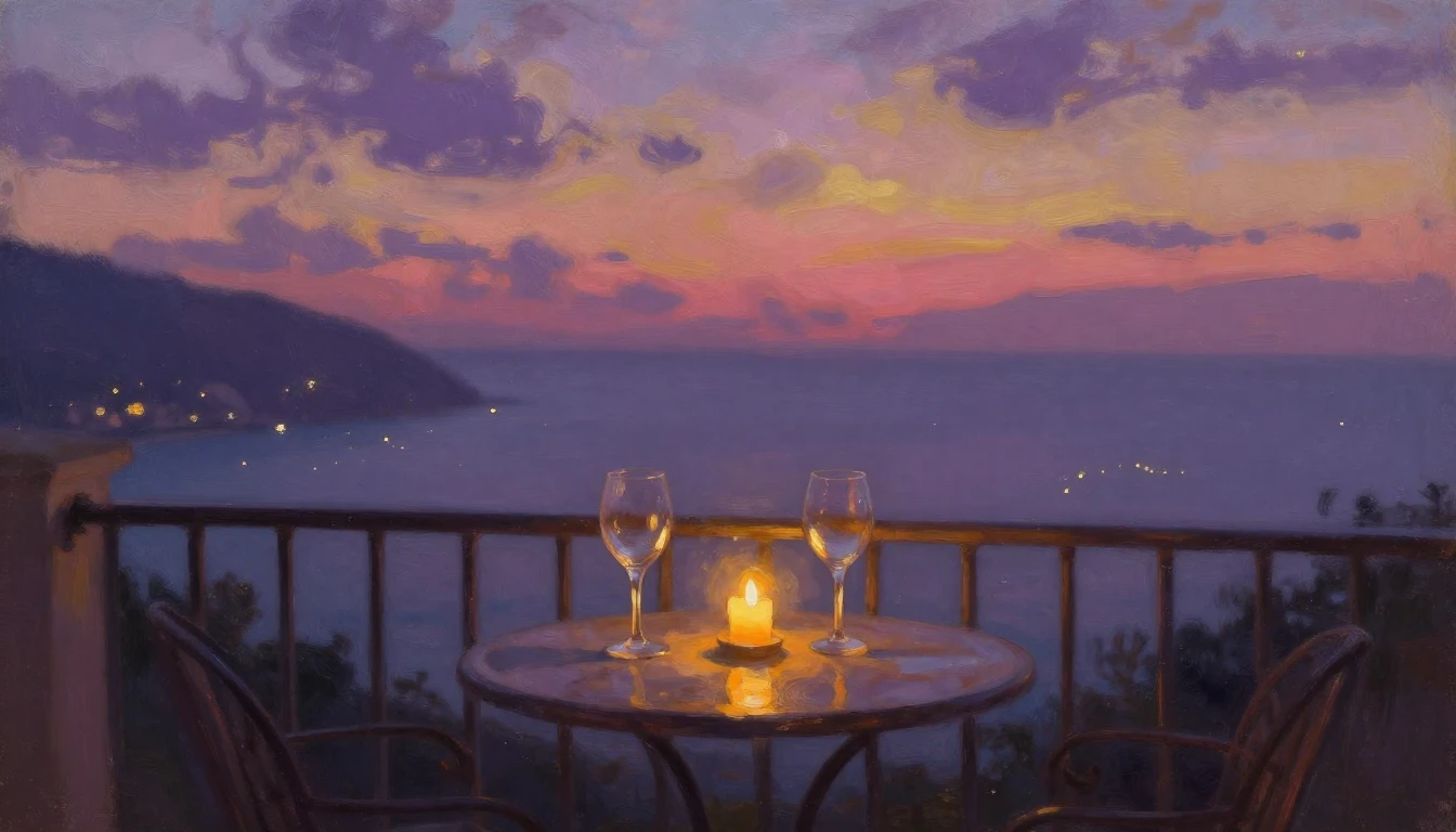 An impressionist painting of a cozy balcony overlooking a Me...