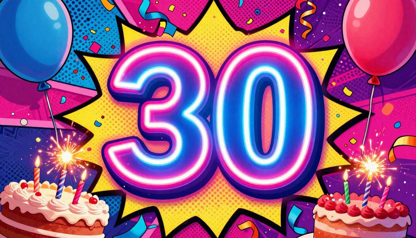 A vibrant and energetic album cover celebrating a 30th birth...