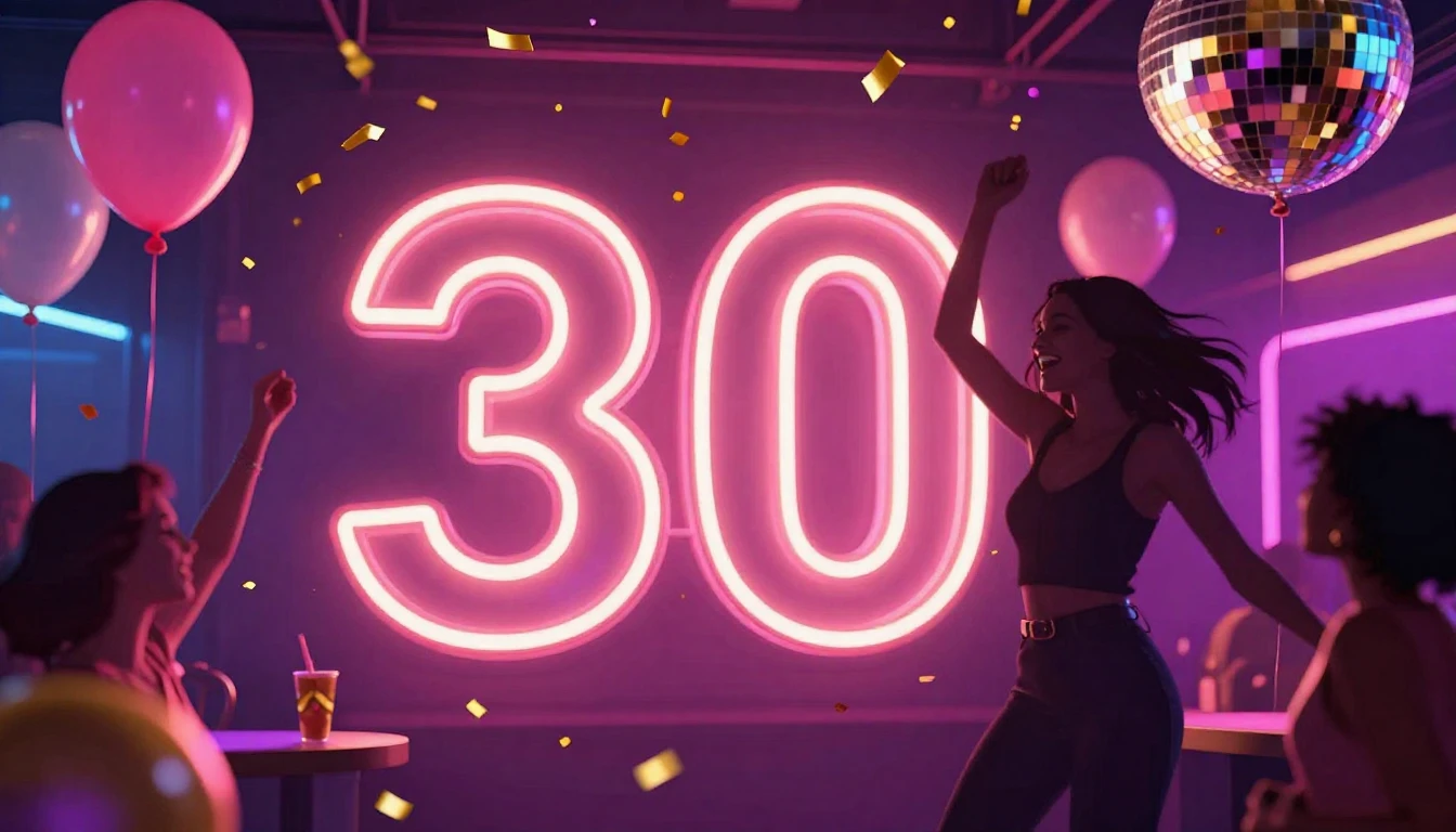 A vibrant party atmosphere celebrating a 30th birthday, neon...