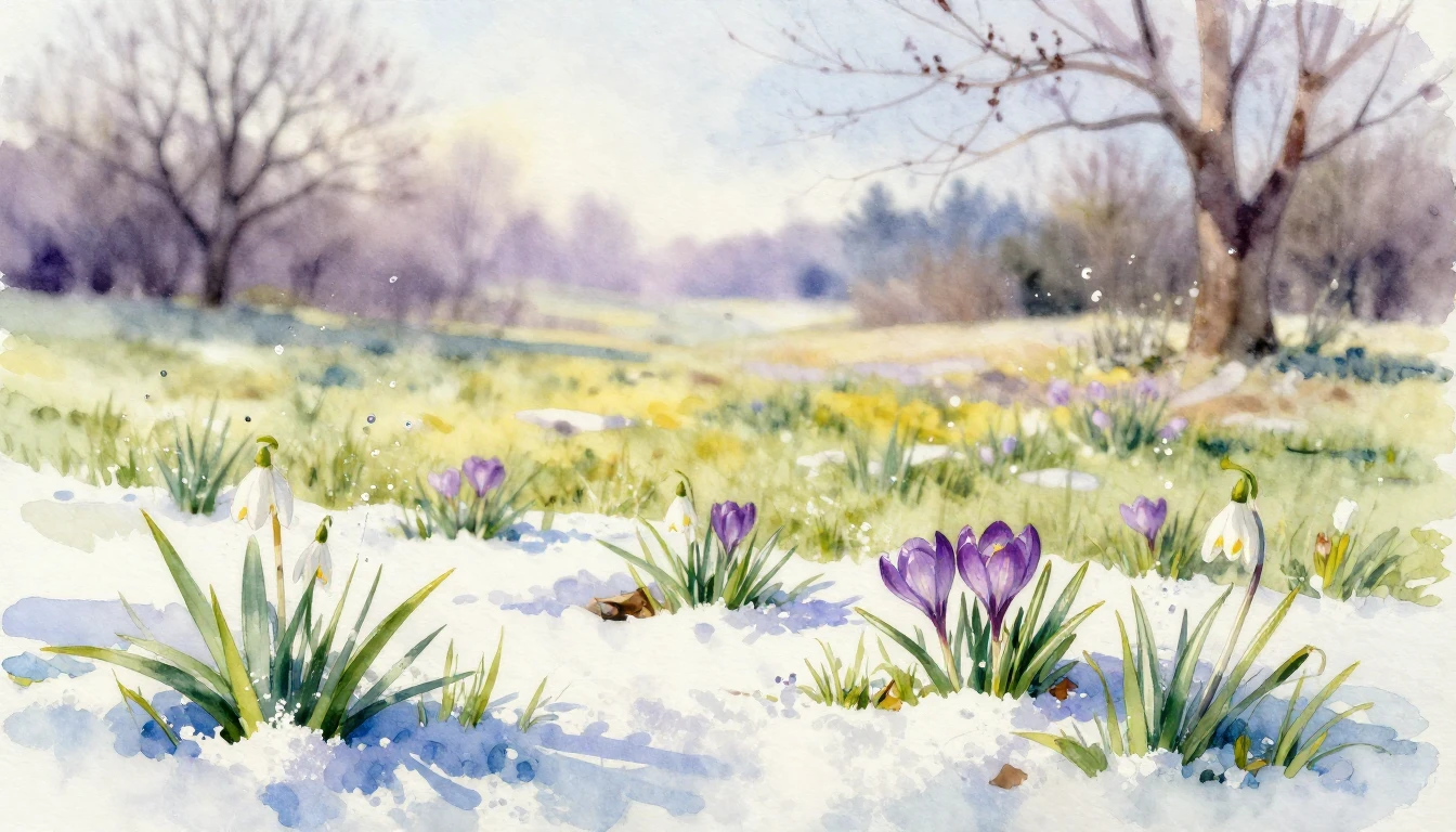 A beautiful watercolor painting of a meadow in early spring....
