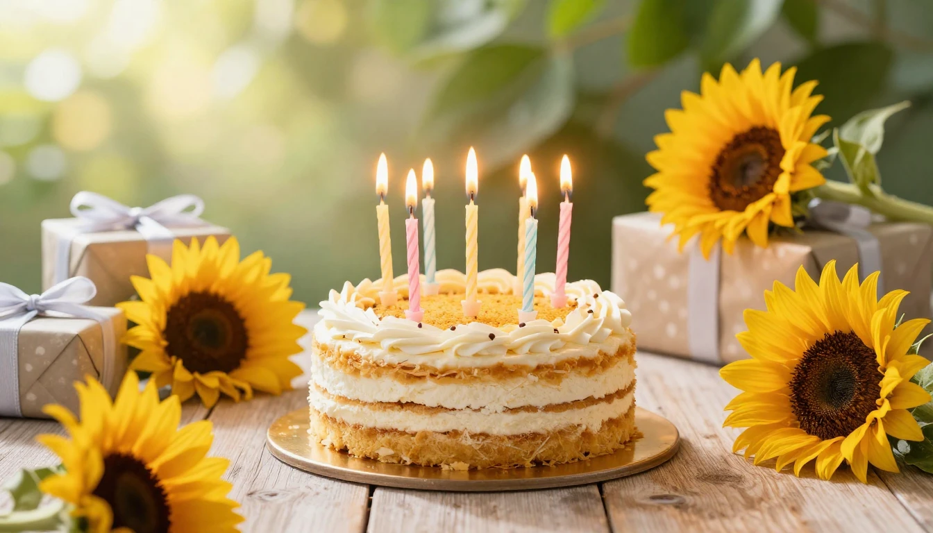 A vibrant and festive birthday scene featuring a beautiful c...