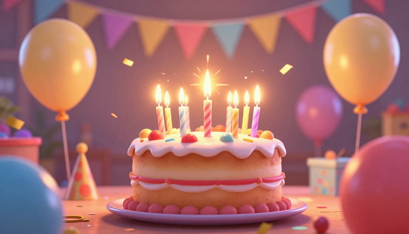 A joyful and vibrant birthday celebration scene in 3D animat...