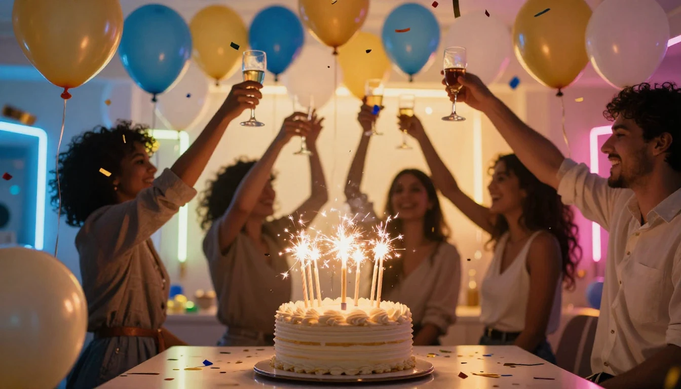 A vibrant and energetic birthday celebration scene featuring...