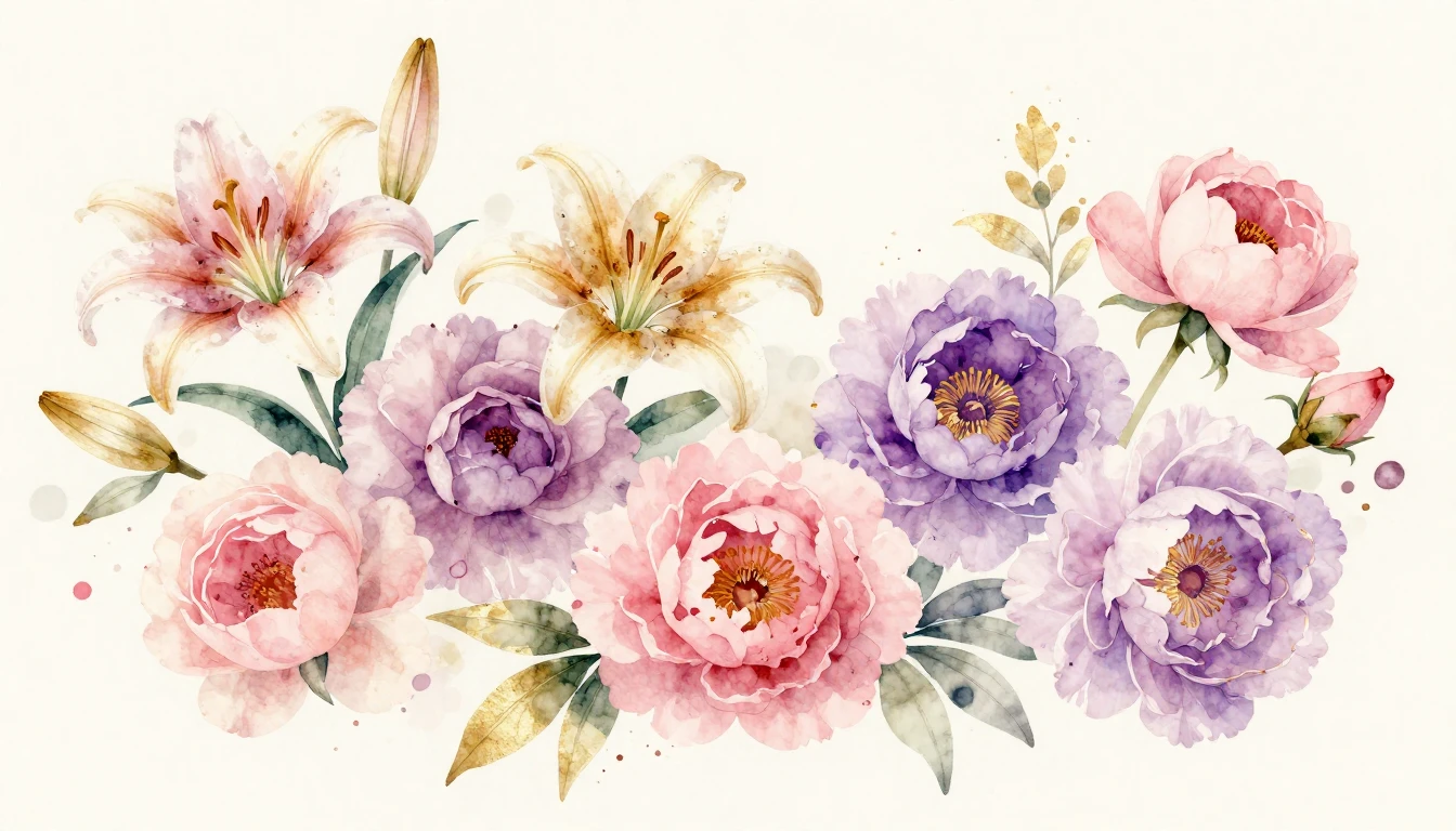 A beautiful watercolor painting of various blooming flowers ...