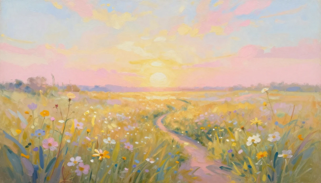 An impressionist painting of a vast, sun-drenched meadow at ...