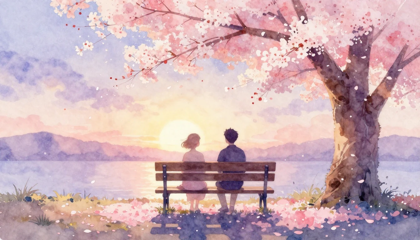 A soft watercolor painting of two stylized silhouettes sitti...