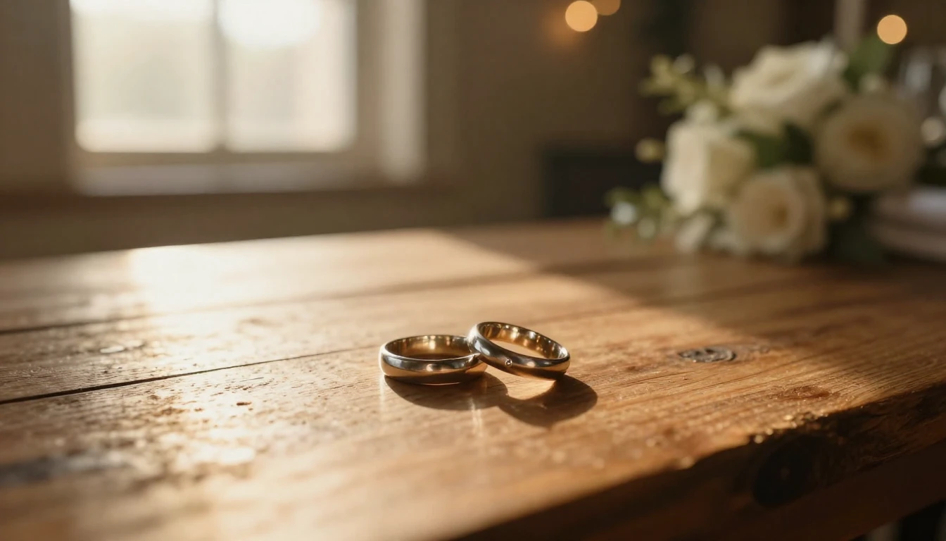 A warm, cinematic close-up shot of two wedding rings resting...