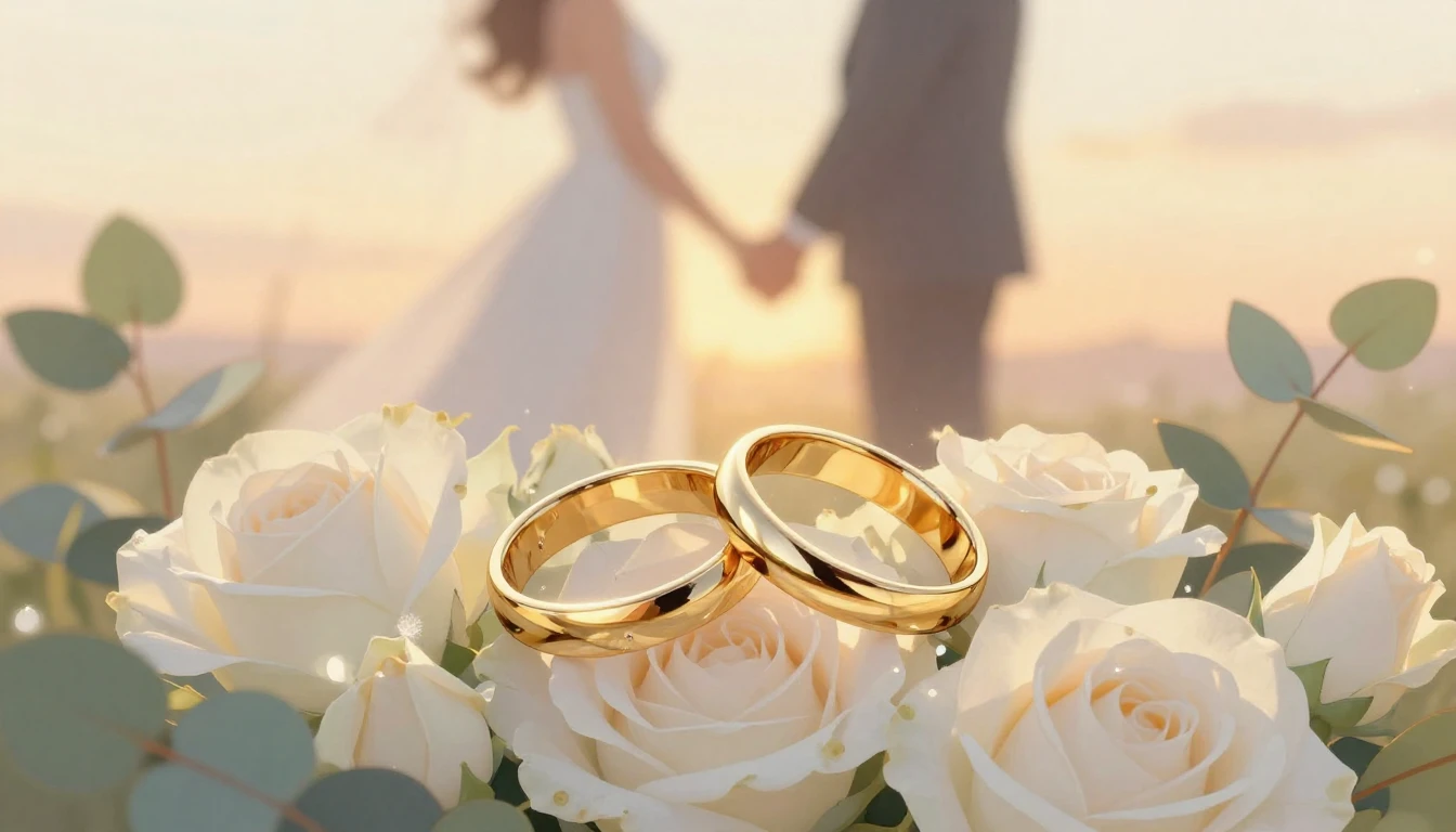 A romantic and elegant illustration of two golden wedding ri...