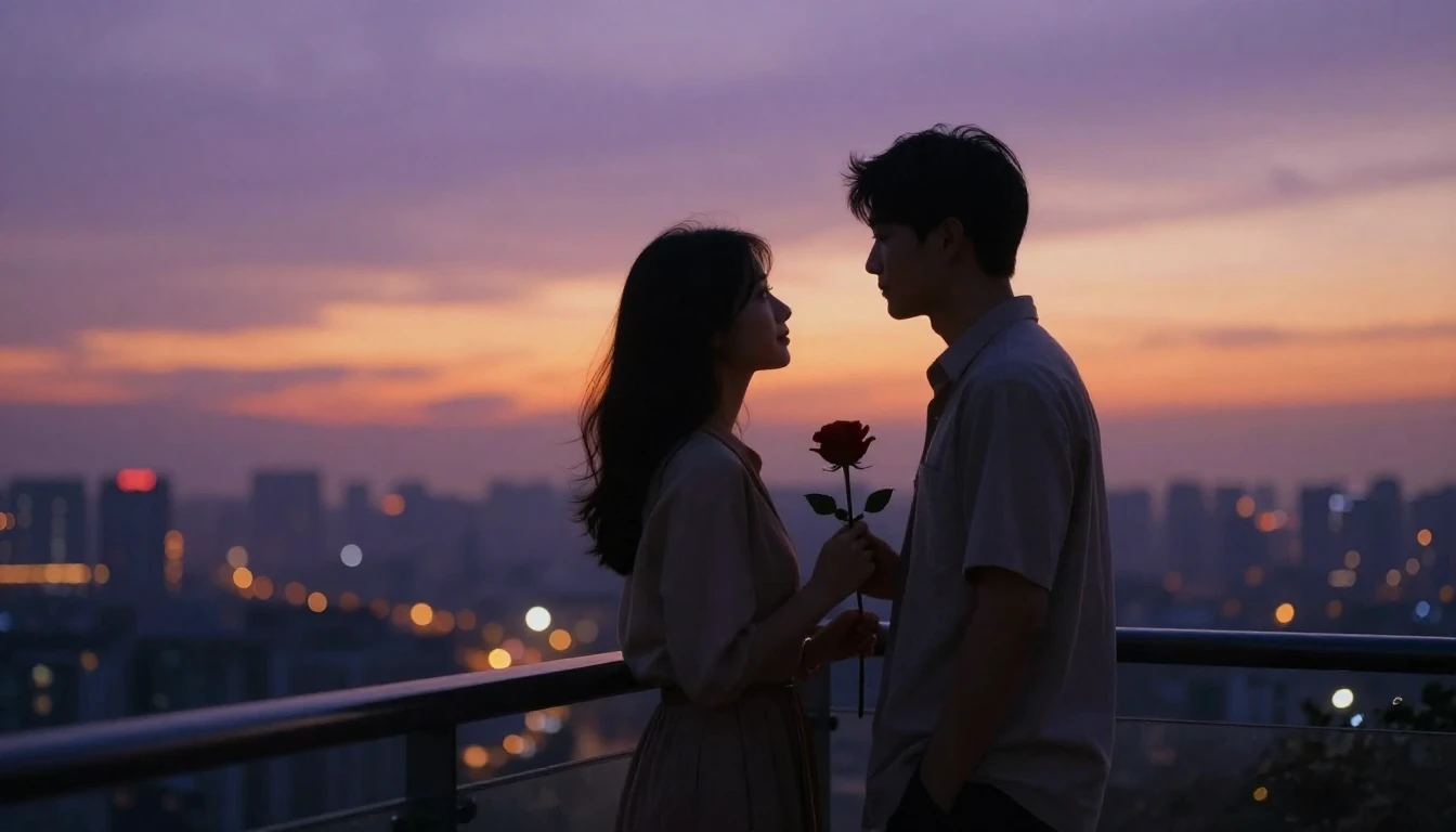 A cinematic shot of a romantic couple standing on a balcony ...