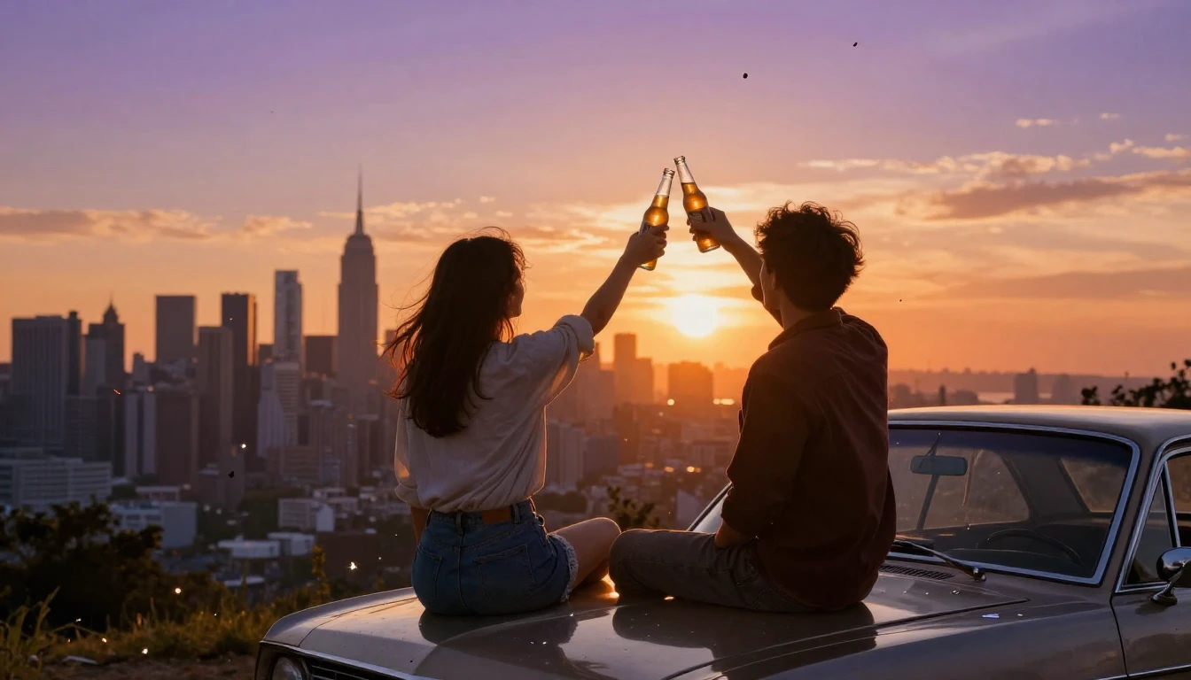 Two friends sitting side by side on the hood of a vintage ca...