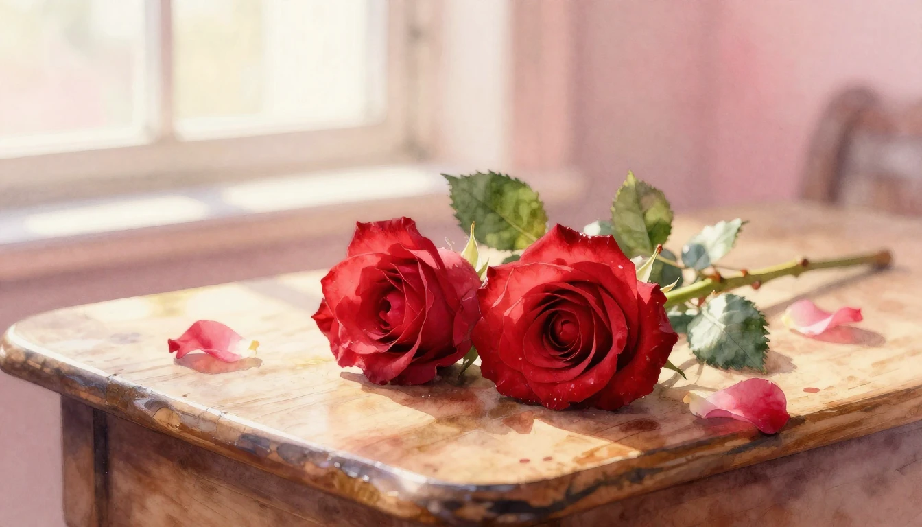 A beautiful watercolor painting of two intertwined red roses...