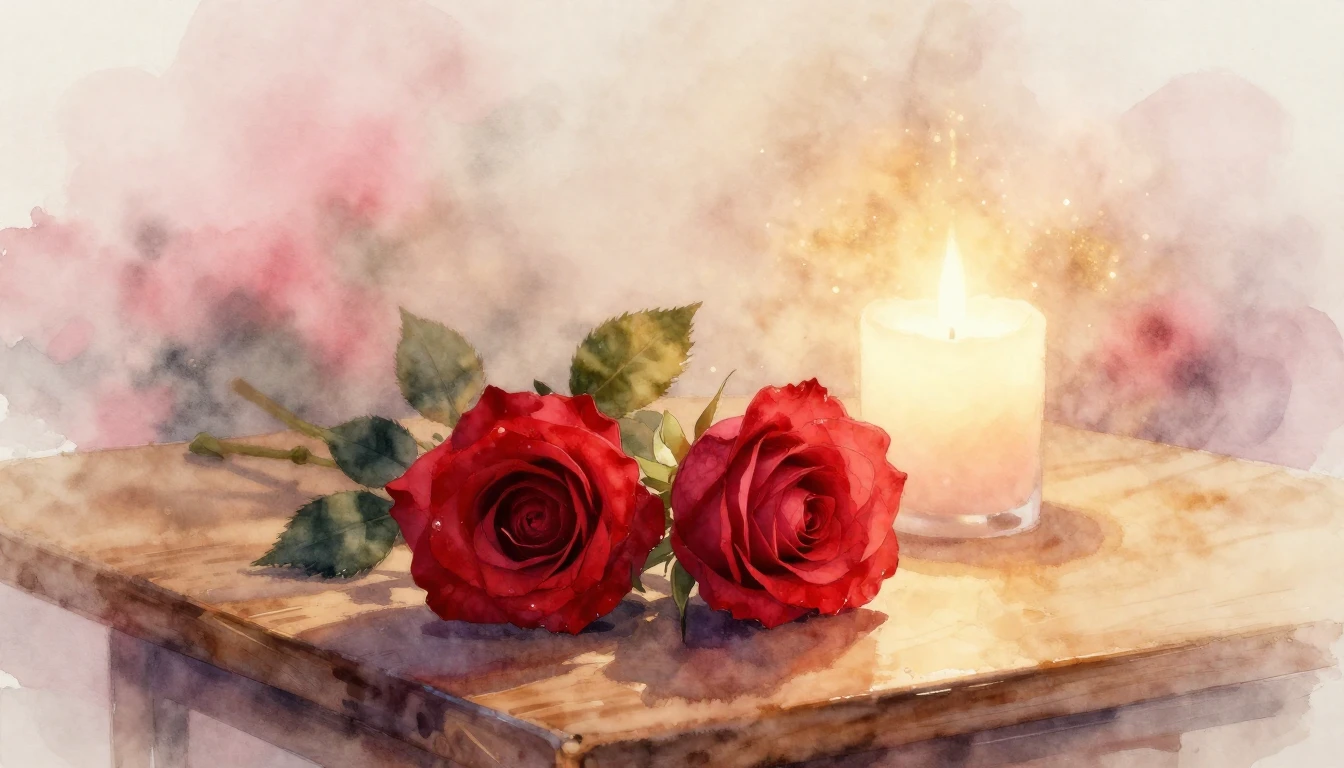 A delicate watercolor painting of two intertwined red roses ...