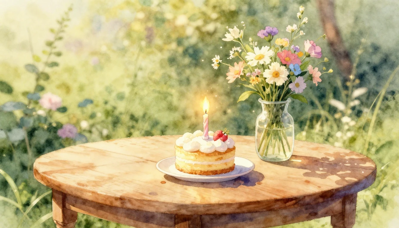 A beautiful watercolor painting of a cozy wooden table bathe...