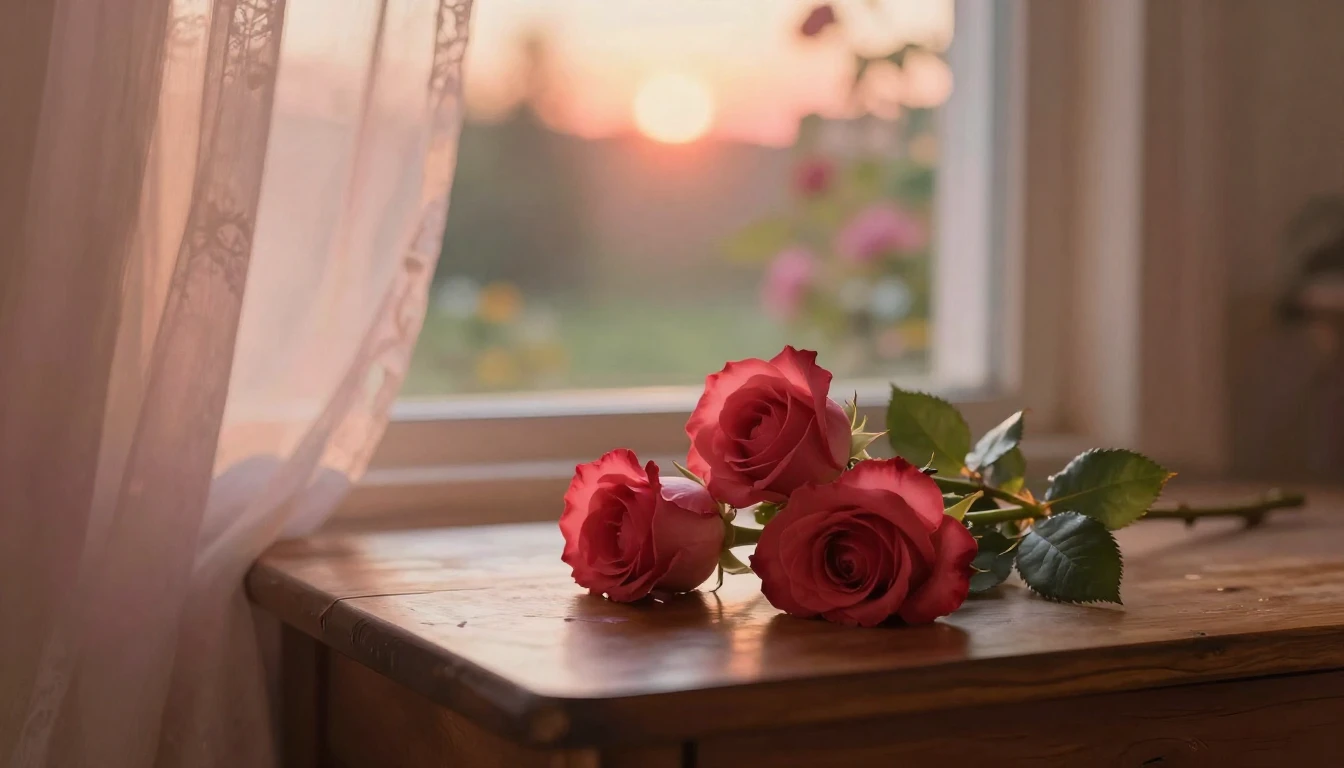 A dreamy and romantic scene featuring two delicate red roses...