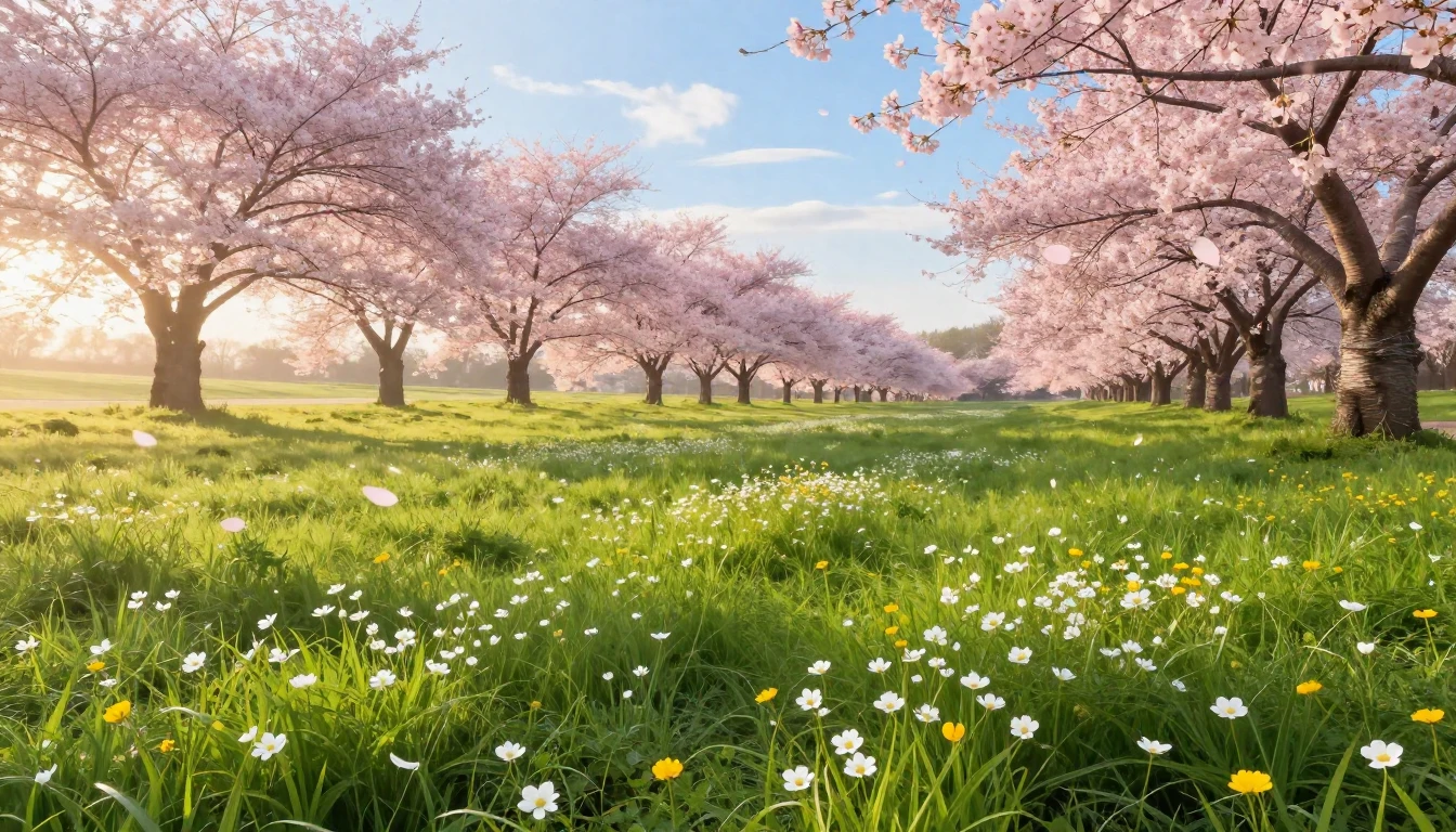 A breathtaking landscape of a lush green meadow at sunrise. ...