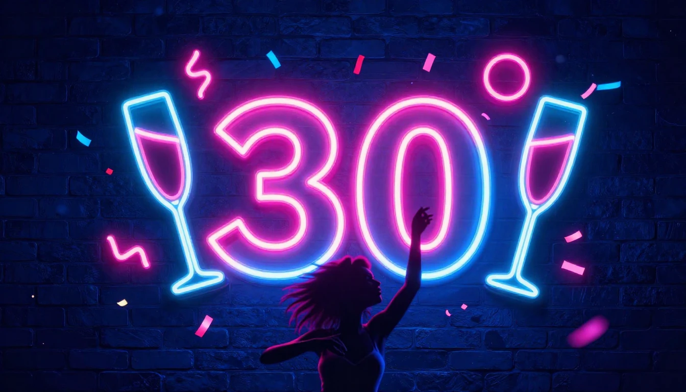 A dazzling neon-style album cover celebrating a 30th birthda...