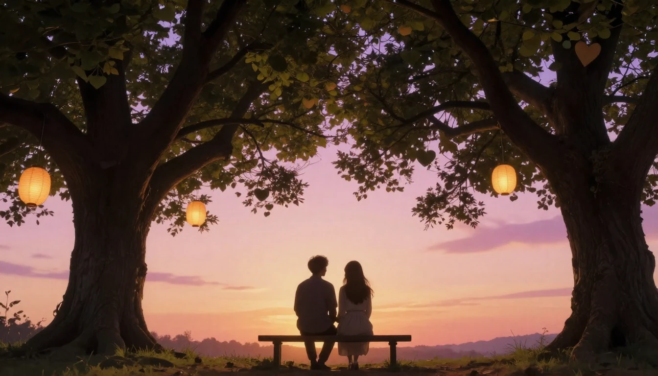 A romantic and dreamy scene featuring two silhouettes sittin...