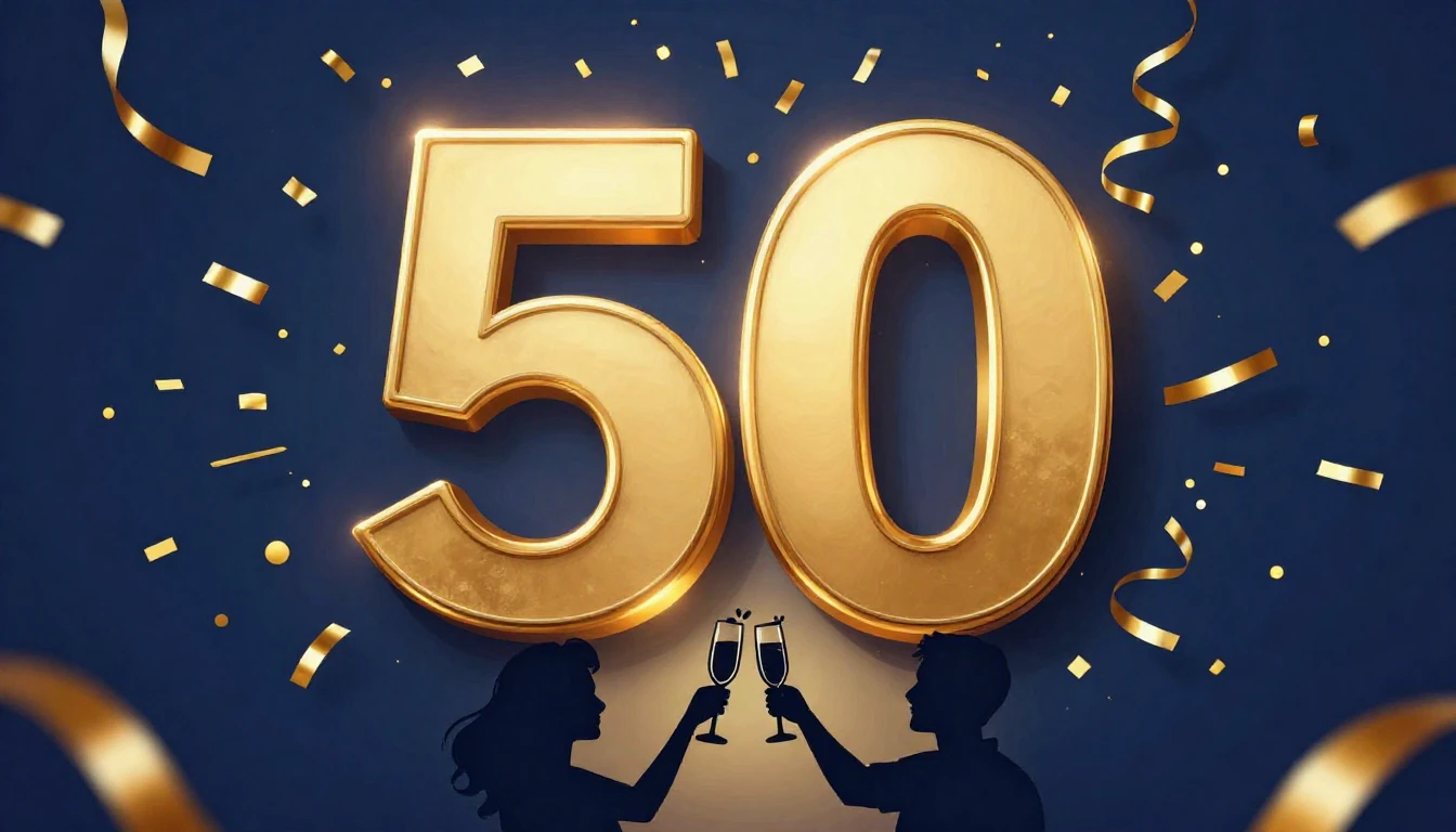 A vibrant and celebratory album cover art designed for a 50t...