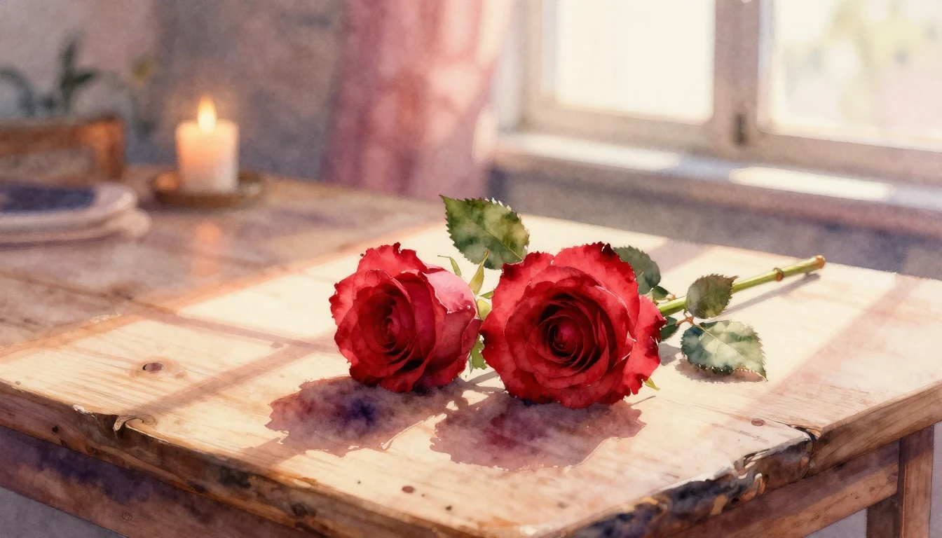 A beautiful watercolor painting of two delicate red roses in...
