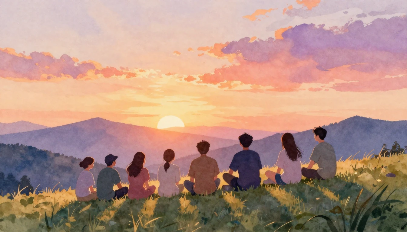 A beautiful watercolor painting of a group of friends sittin...