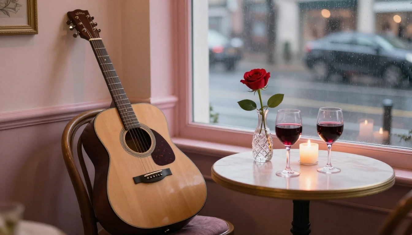 A romantic and cozy scene set in a softly lit cafe corner, a...