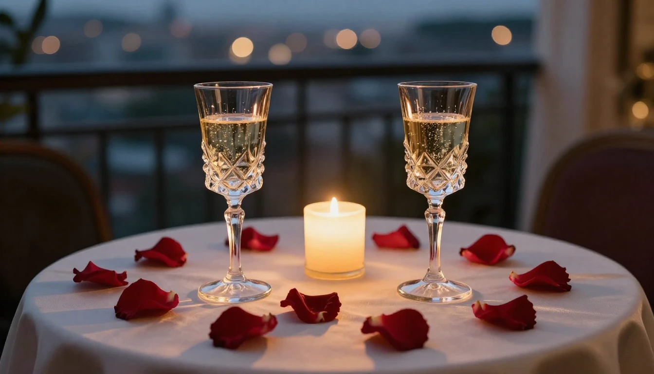 A high-quality photorealistic image of a romantic dinner set...