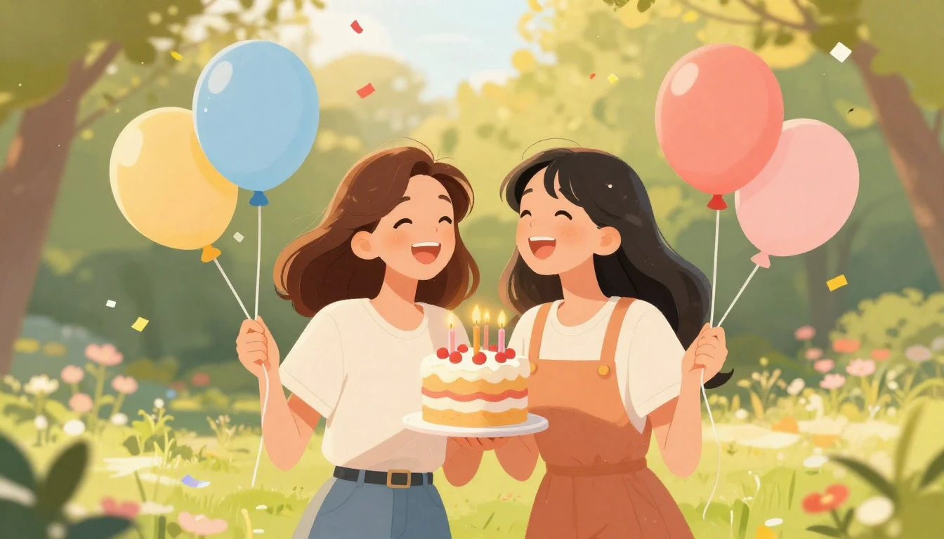 A warm and festive illustration showing two young women laug...