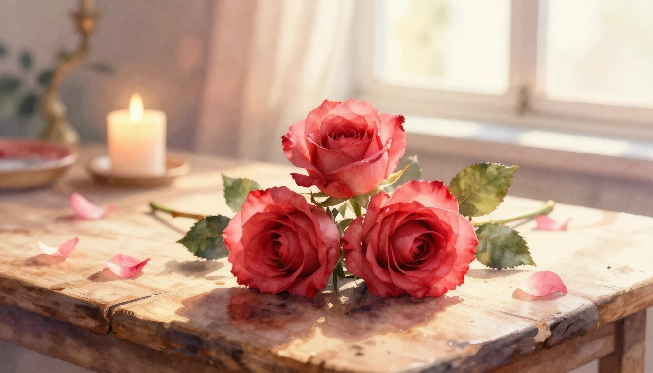 A beautiful watercolor painting of two delicate red roses in...