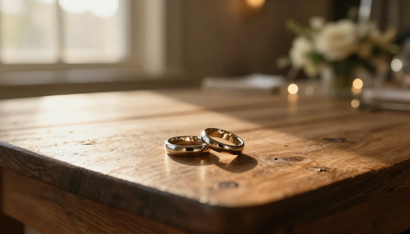 A warm, cinematic close-up shot of two wedding rings resting...