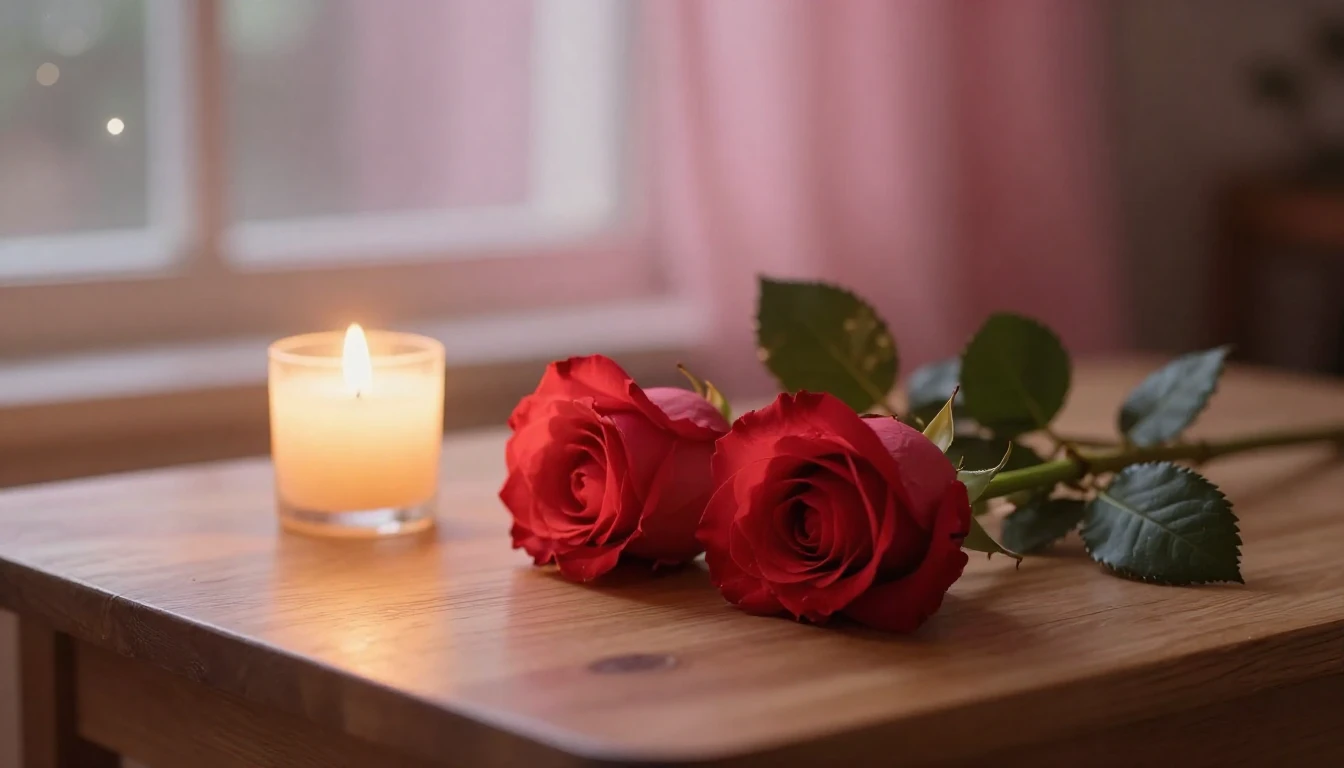 A soft and ethereal scene featuring two delicate red roses r...