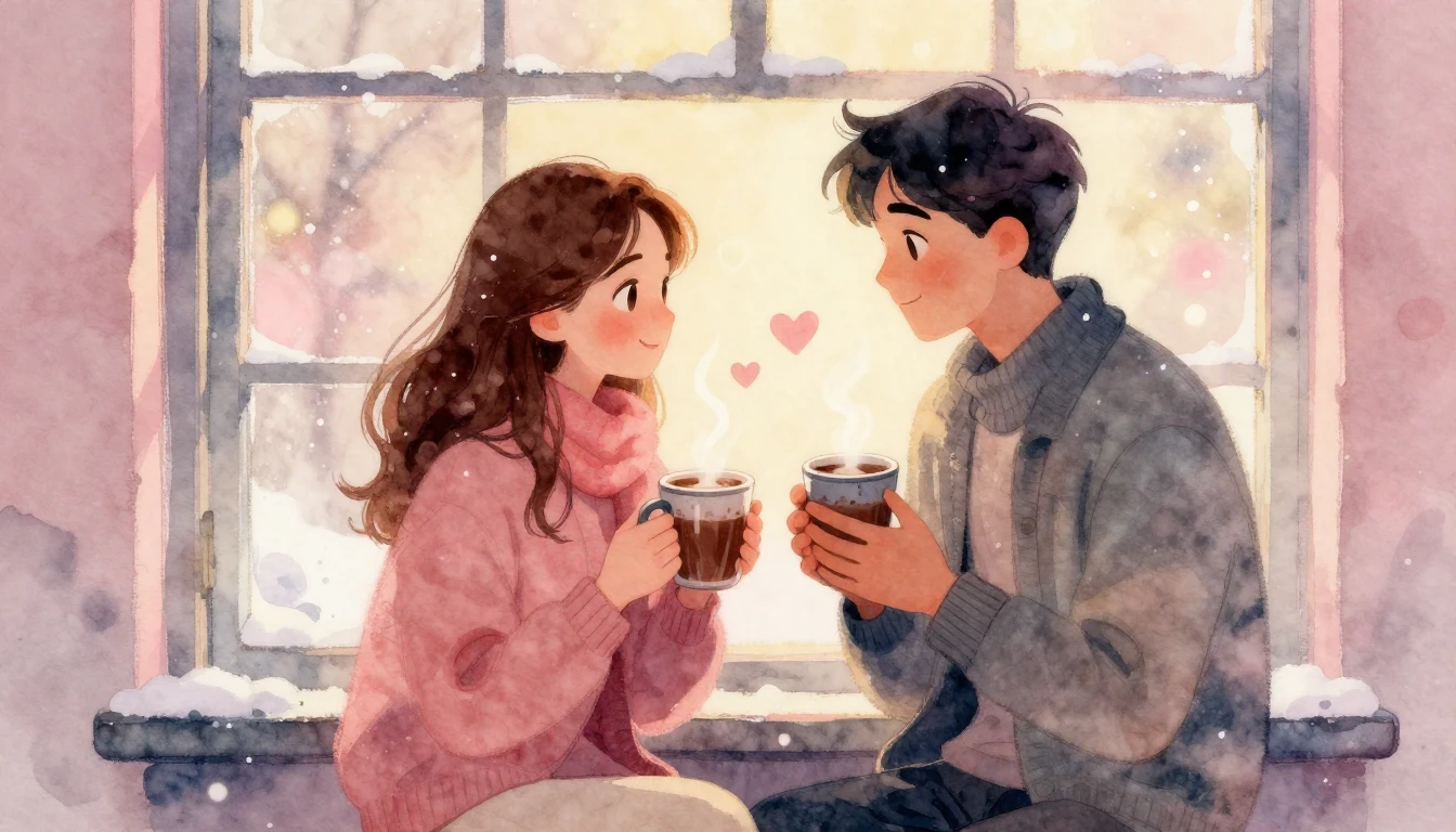 A romantic watercolor illustration of a couple sitting by a ...