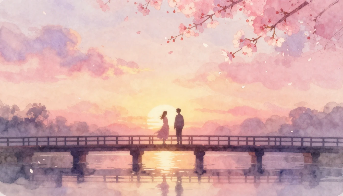 A dreamy watercolor painting of two silhouettes standing on ...