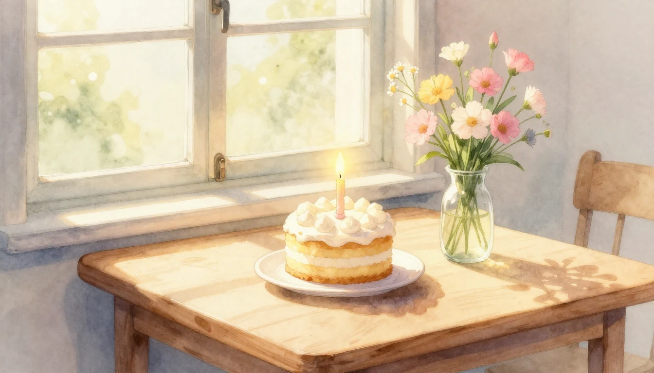 A beautiful watercolor illustration of a cozy wooden table n...